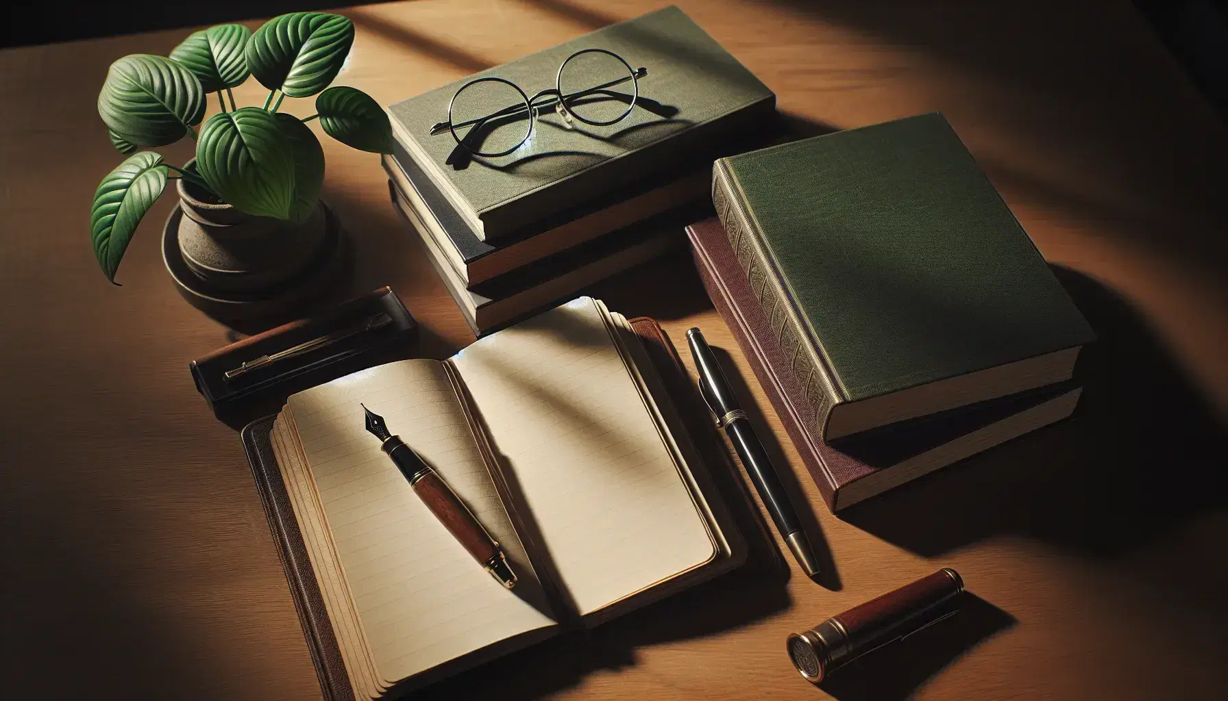 Organized wooden desk with open notebook, black fountain pen, round glasses and green plant, next to bound books.