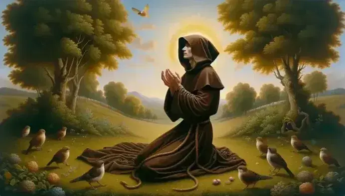Figura maschile in abiti monastici marroni prega in ginocchio su prato, circondato da alberi, uccelli e sotto un cielo sereno.