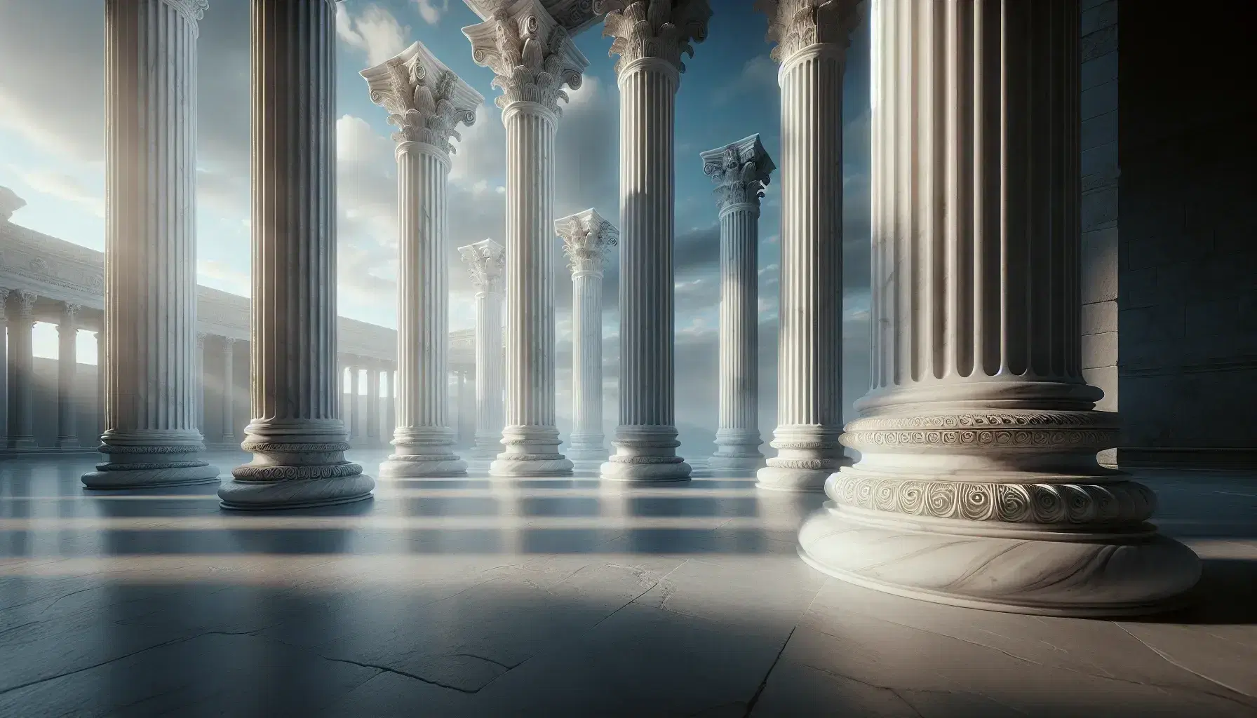 Colonne romane in marmo bianco con capitelli corinzi, su pavimento levigato, sotto cielo azzurro con nuvole sparse.