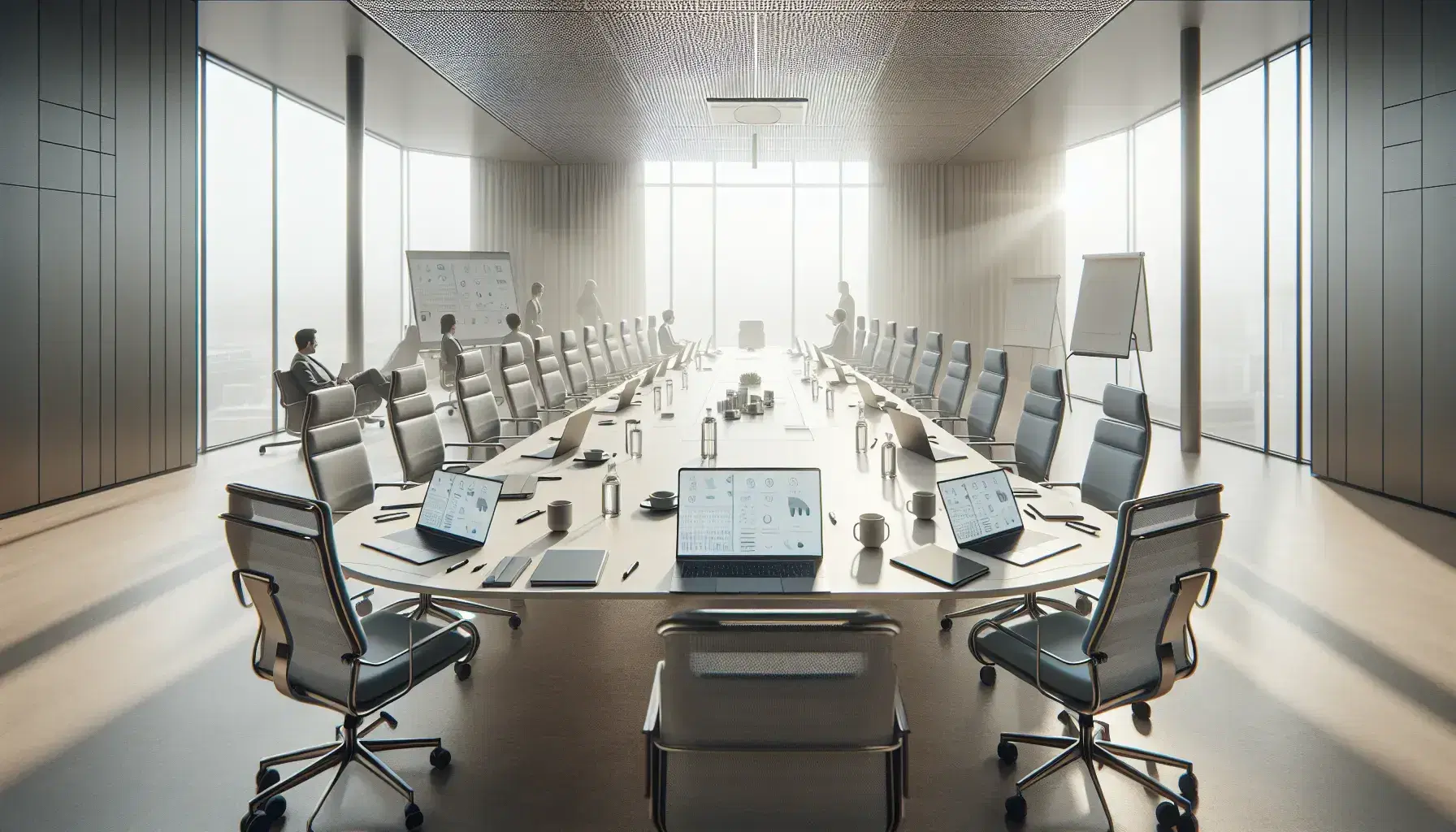 Sala de conferencias moderna con mesa ovalada, sillas ergonómicas y laptops, con personas en reunión de trabajo y luz natural entrando por amplia ventana.