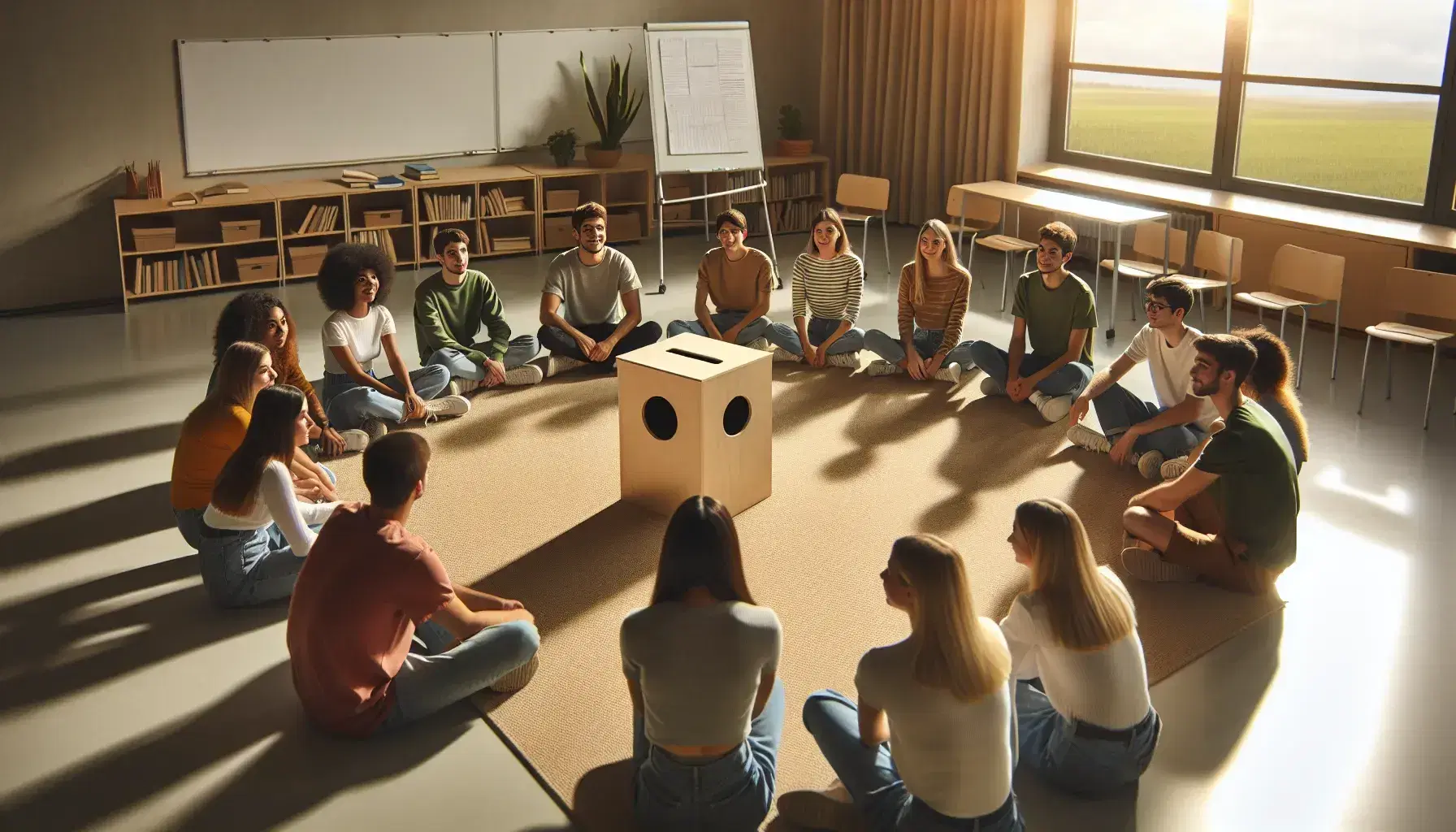 Grupo diverso de estudiantes sentados en círculo en el suelo de un aula, con una caja de sugerencias en el centro, iluminados por luz natural, sin textos visibles.