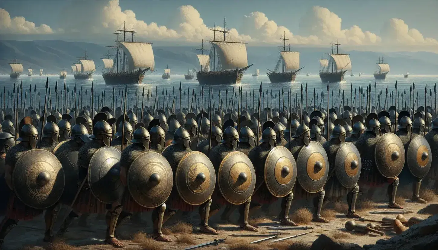 Soldati in armatura con elmi corinzi e scudi rotondi in formazione falange durante la Guerra del Peloponneso, triremi sullo sfondo.