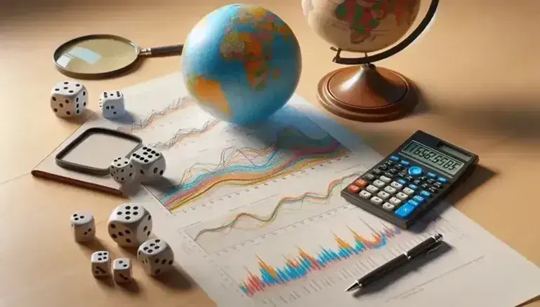 Mesa de madera clara con papel de gráficos estadísticos, dados con números cinco y tres, calculadora científica apagada, globo terráqueo y lupa.
