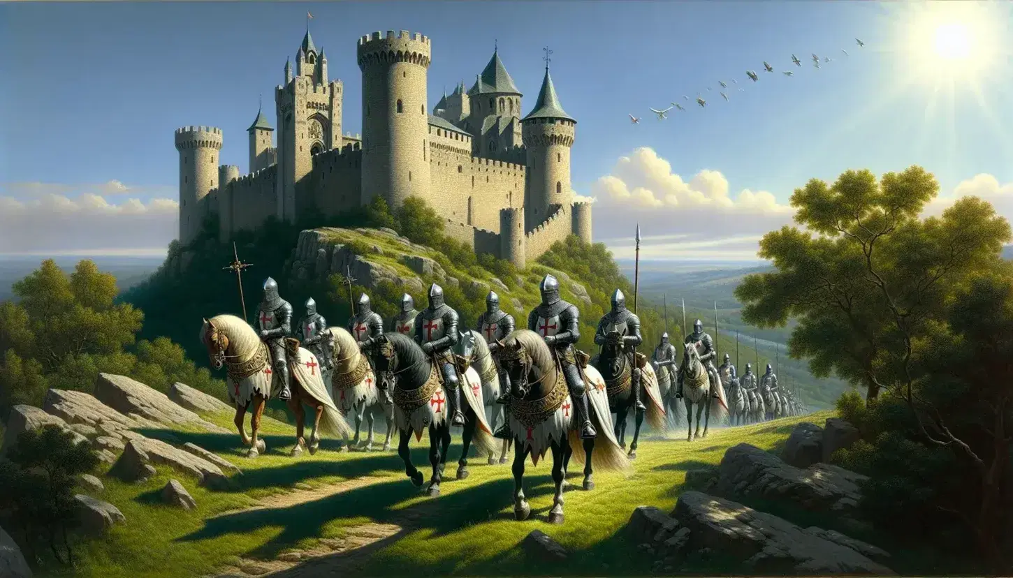 Escena medieval con caballeros armados a caballo frente a un castillo de piedra en una colina, bajo un cielo azul con nubes dispersas.