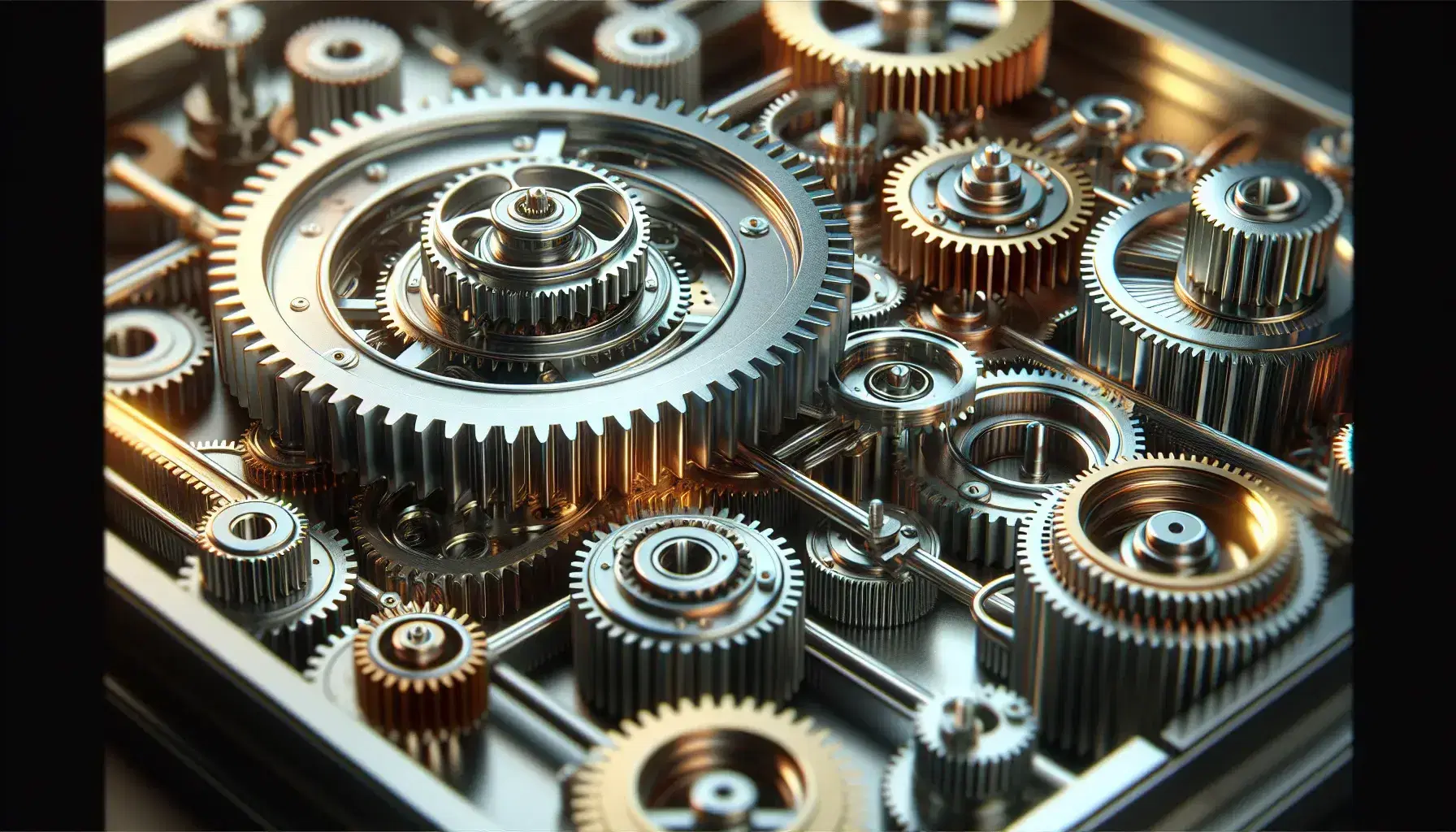 Close-up of a complex network of interconnected metal gears in motion, with a blurred background suggesting a larger mechanism.