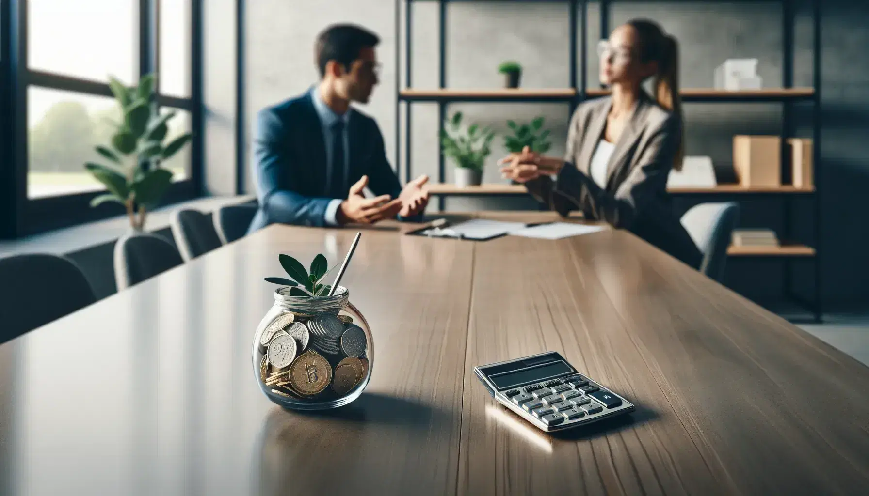 Modern office setting with a wooden table featuring a calculator, coin jar, paper stack, and a potted plant, with two professionals engaged in a discussion.