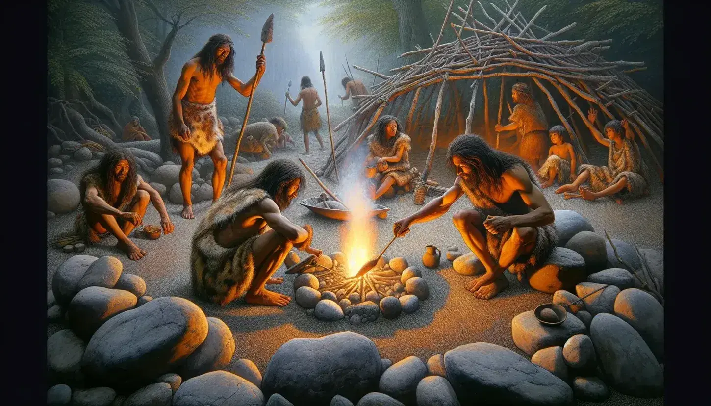 Grupo de personas de la Edad de Piedra alrededor de una fogata nocturna, con herramientas y refugio primitivo en el fondo.