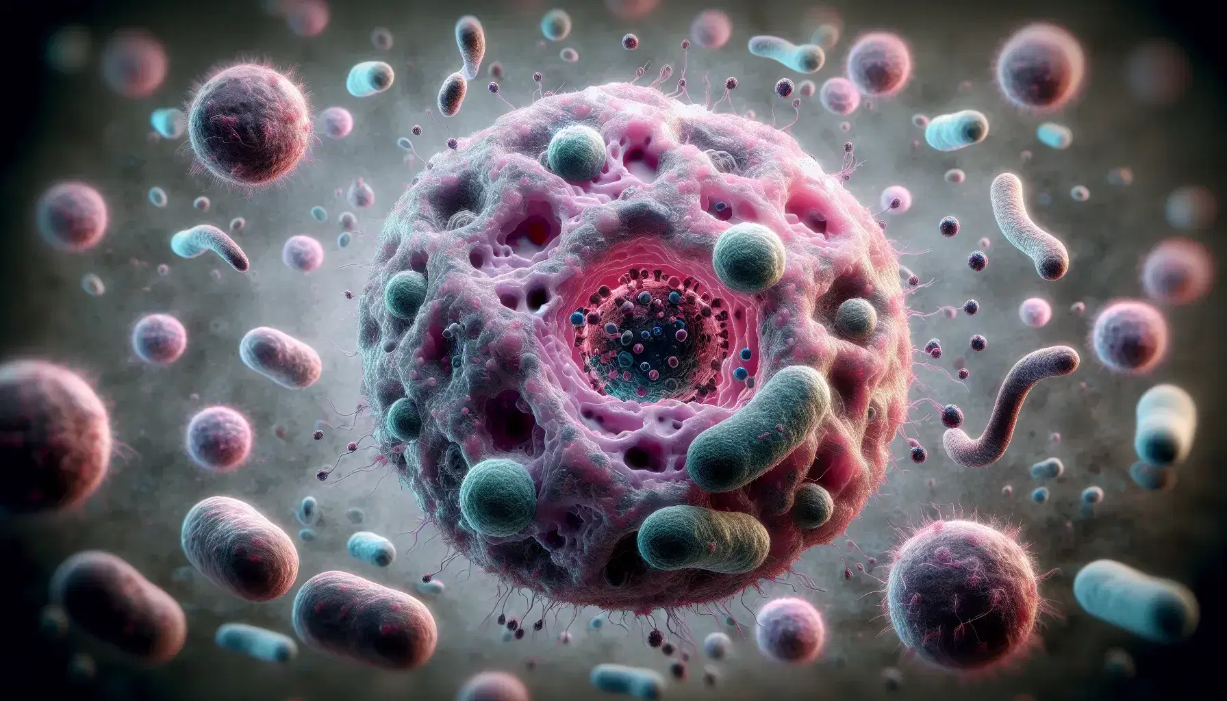 Vista microscópica de células humanas con un macrófago central en tonos rosas y morados rodeado de esferas y óvalos que simulan patógenos en azules y verdes, con células menores interactuando.