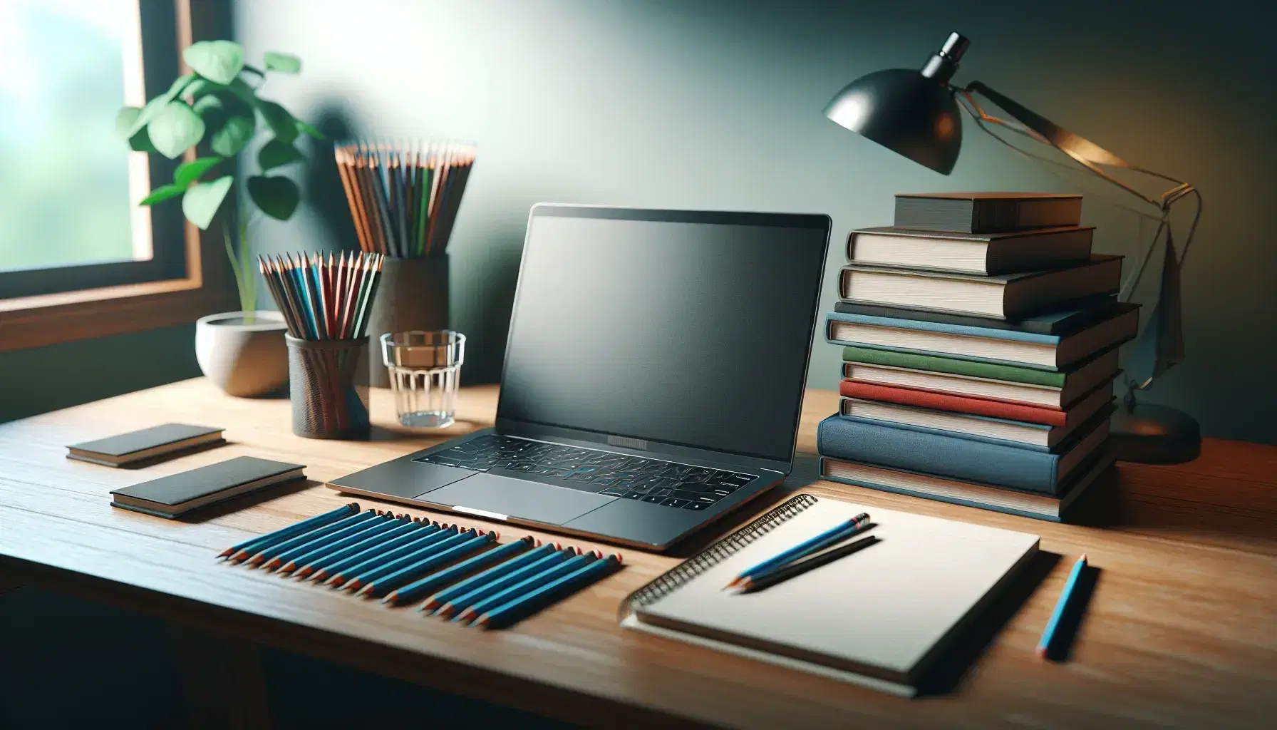 Organized wooden desk with modern laptop, stacks of colorful books, glass with pens and pencils, notepad and green plant on windowsill.