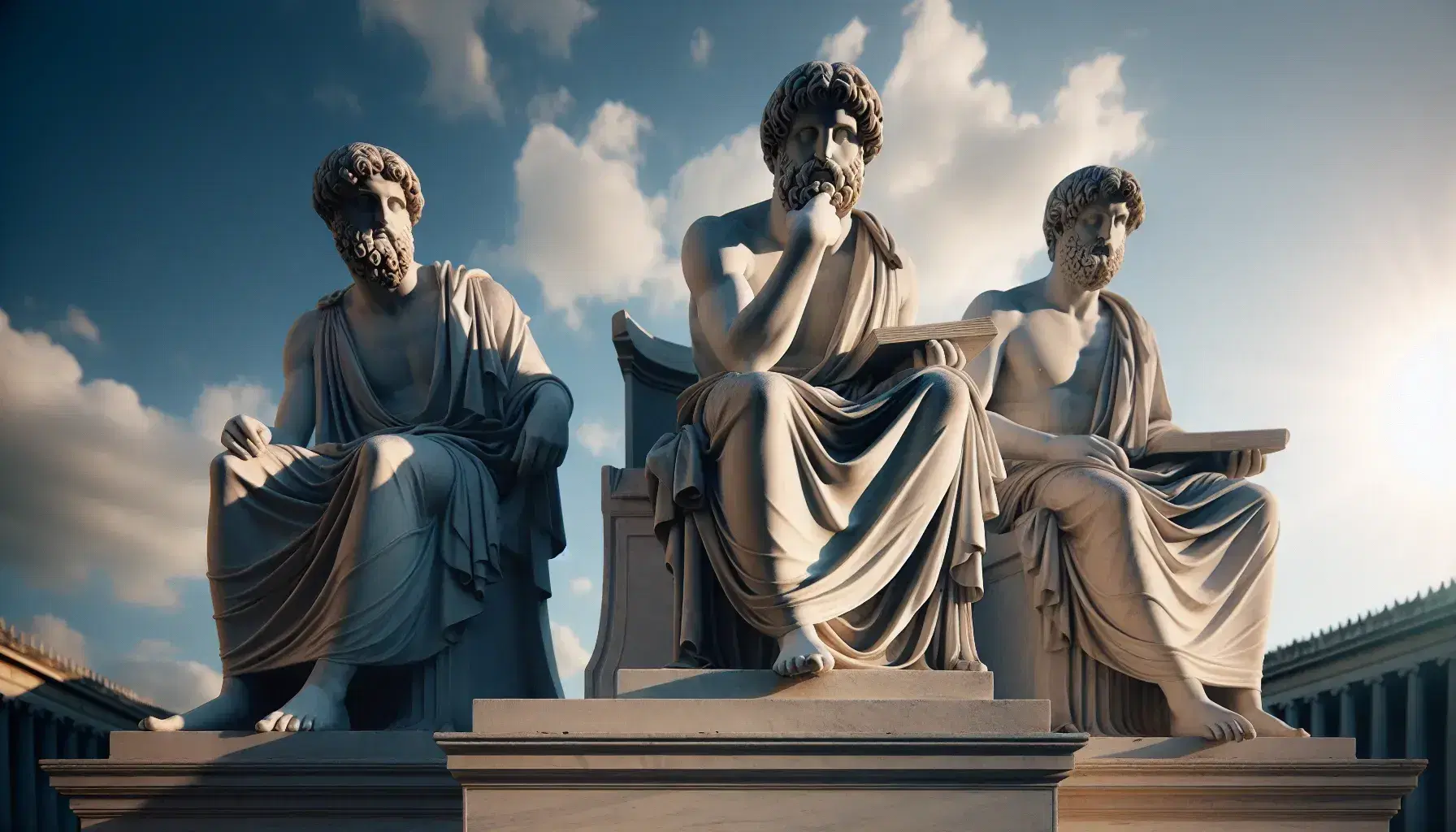 Tres estatuas de mármol blanco de filósofos griegos antiguos en togas, con posturas reflexivas y un libro, bajo un cielo azul.