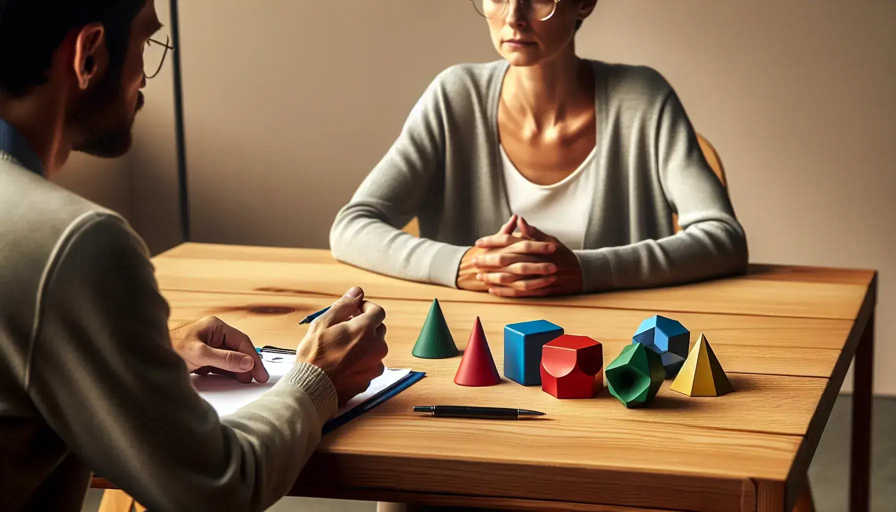 Caucasian neuropsychologist wearing round glasses observes middle eastern male patient busy with colorful geometric shapes on desk in clinical setting.