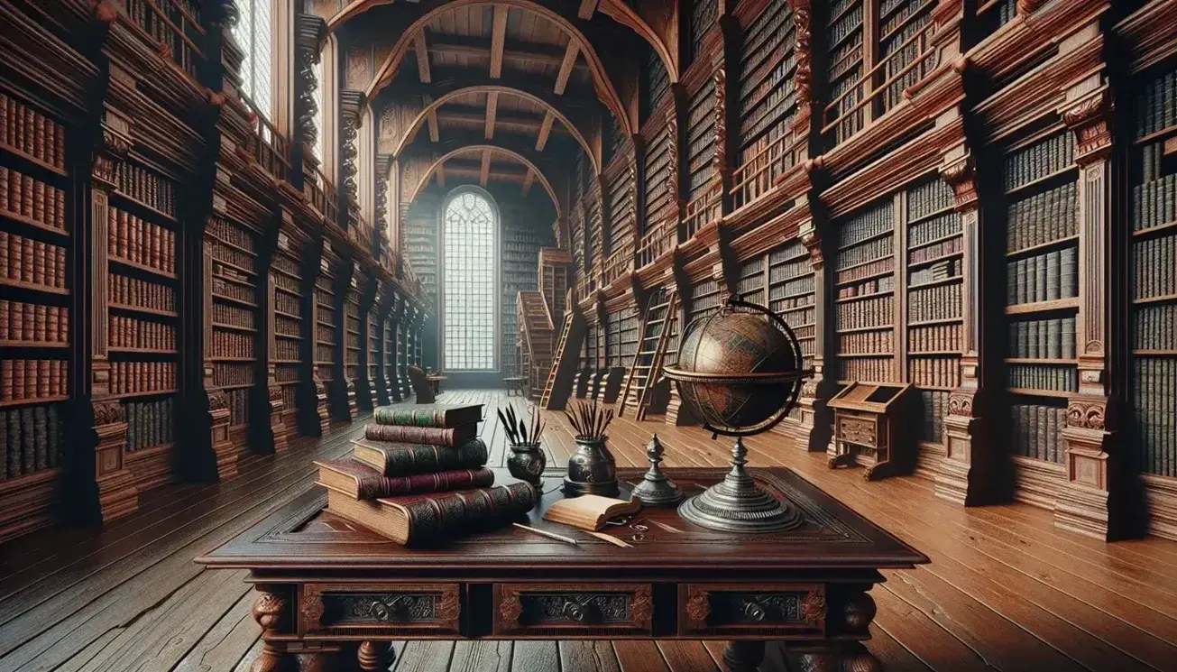 Biblioteca antica con scrivania in legno scuro, libri rilegati, calamaio, sfera armillare, mappamondo e scaffali pieni di volumi.