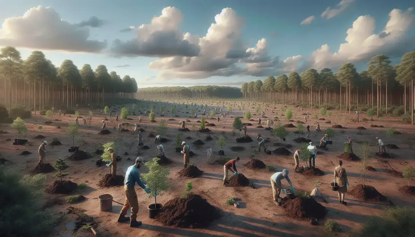 Reforestación en curso con voluntarios plantando árboles jóvenes en suelo marrón claro, bajo un cielo azul con nubes dispersas y un bosque maduro al fondo.