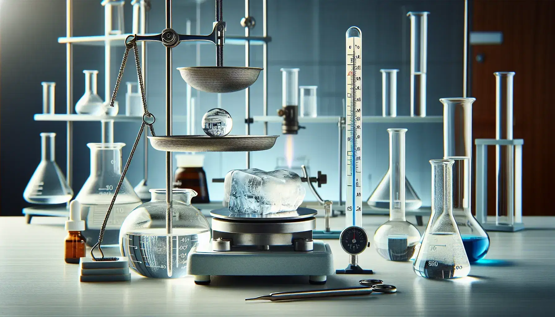 Laboratorio científico con balanza analítica, pesas de calibración, termómetro en líquido, crucible sobre trípode con mechero Bunsen encendido y bloque de hielo derritiéndose.