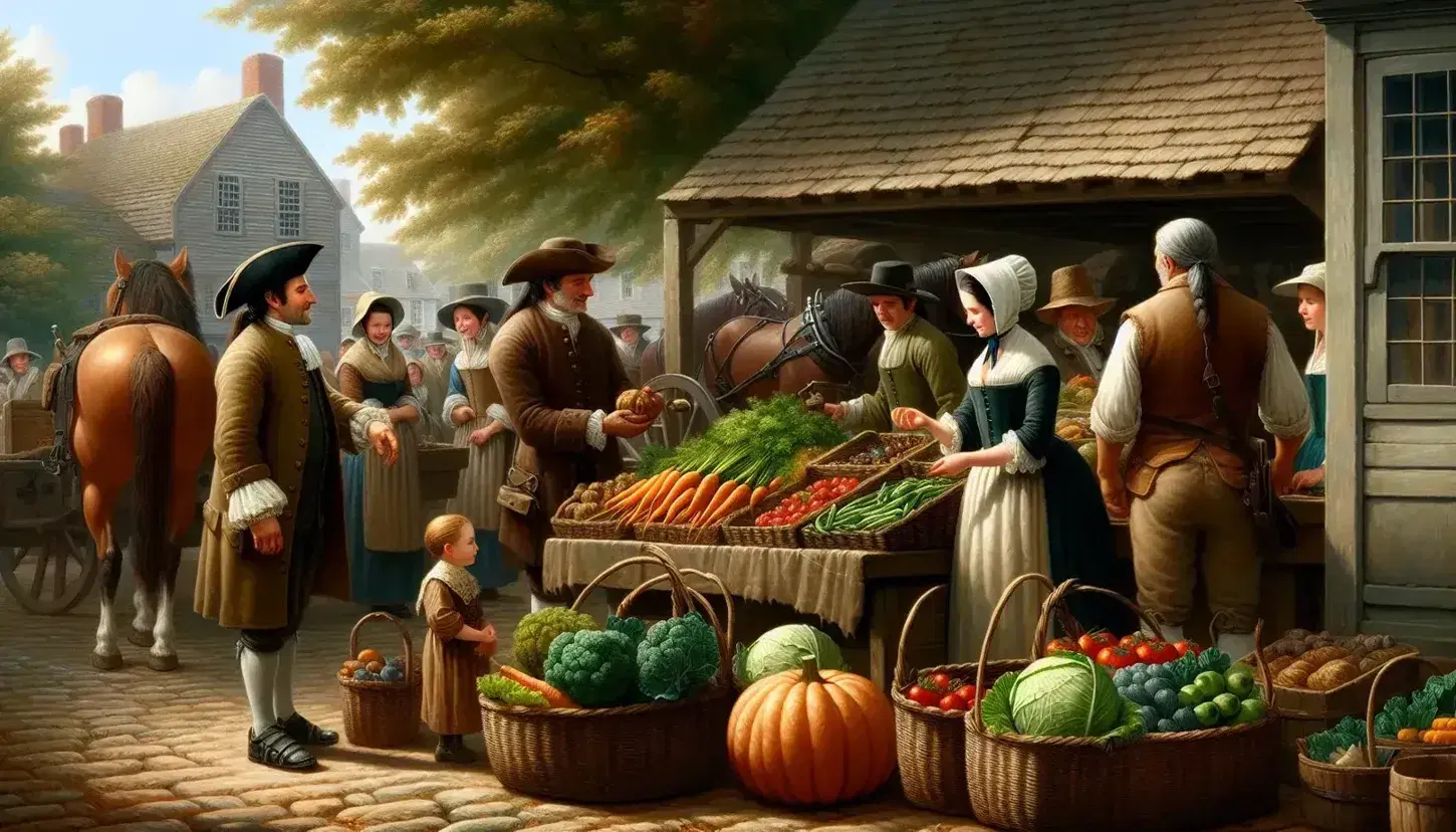 Bustling 17th-century American marketplace with settlers trading goods, a blacksmith engaging with a customer, children playing with a dog, and nearby ships.