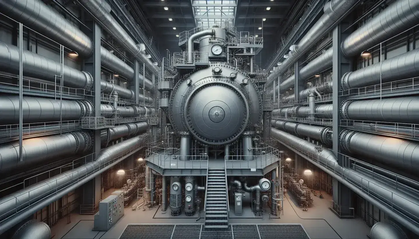 Vista interior de una sala industrial con un generador de vapor central, tuberías de acero, paneles de control con válvulas y escalera metálica.