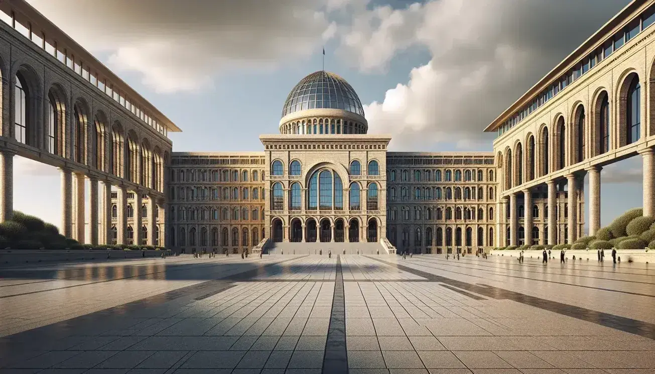 Historical European-style government building with a classical glass dome, stone architecture, and a cobblestone plaza under a partly cloudy sky.