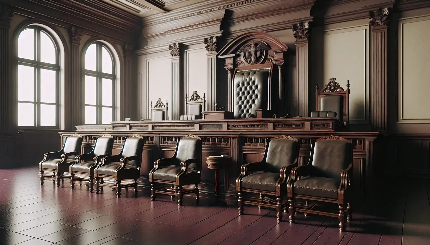Elegant, empty courtroom with a large judge's bench, witness stand, opposing legal tables, burgundy floor, and tiered public gallery seats.