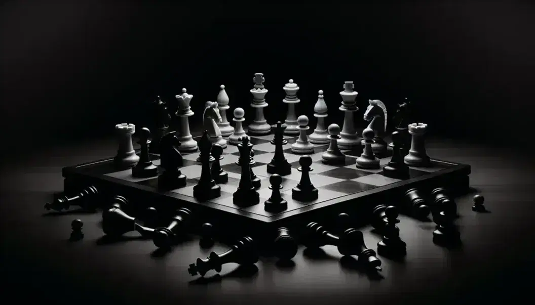 Chessboard in the foreground with Staunton pieces, white queen facing black knight, some fallen pieces, dark background, soft shadows.