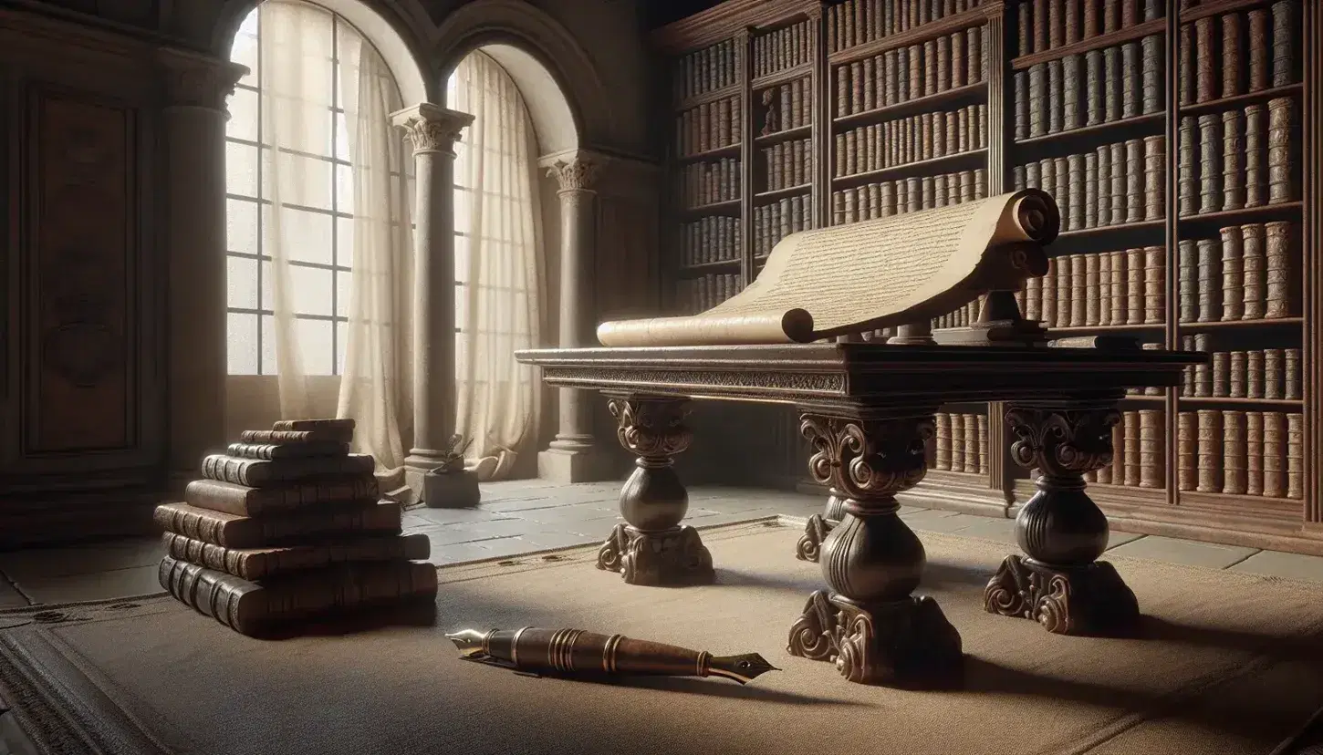 Scena di biblioteca antica con tavolo in legno scuro, papiro parzialmente srotolato, penna stilografica vintage, scaffale con libri rilegati e statuetta marmorea.