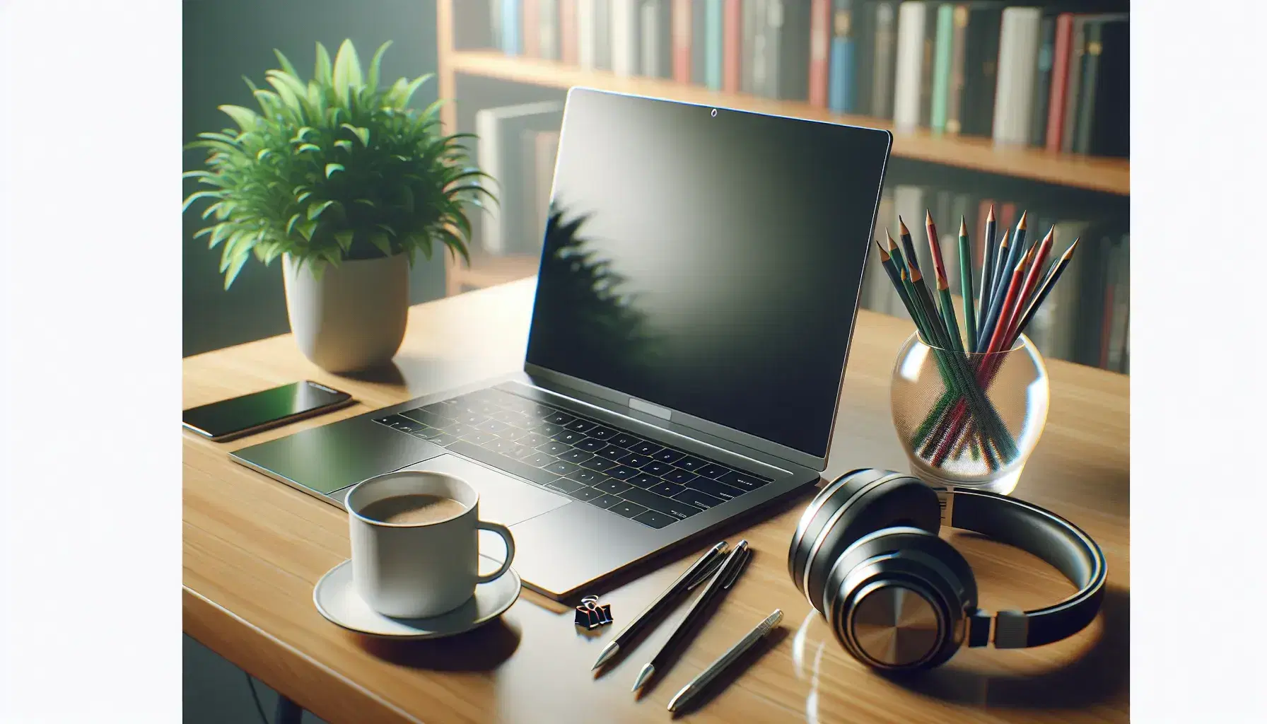 Closed modern laptop on wooden desk with coffee cup, green plant, black headphones and glass with colorful pens, blurred background with bookcase.