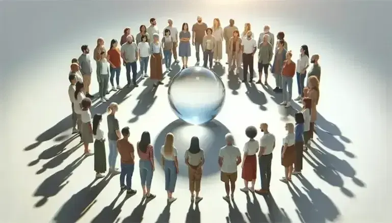 Grupo diverso de personas en círculo alrededor de una esfera de vidrio reflejante en un espacio iluminado, transmitiendo inclusión y reflexión.