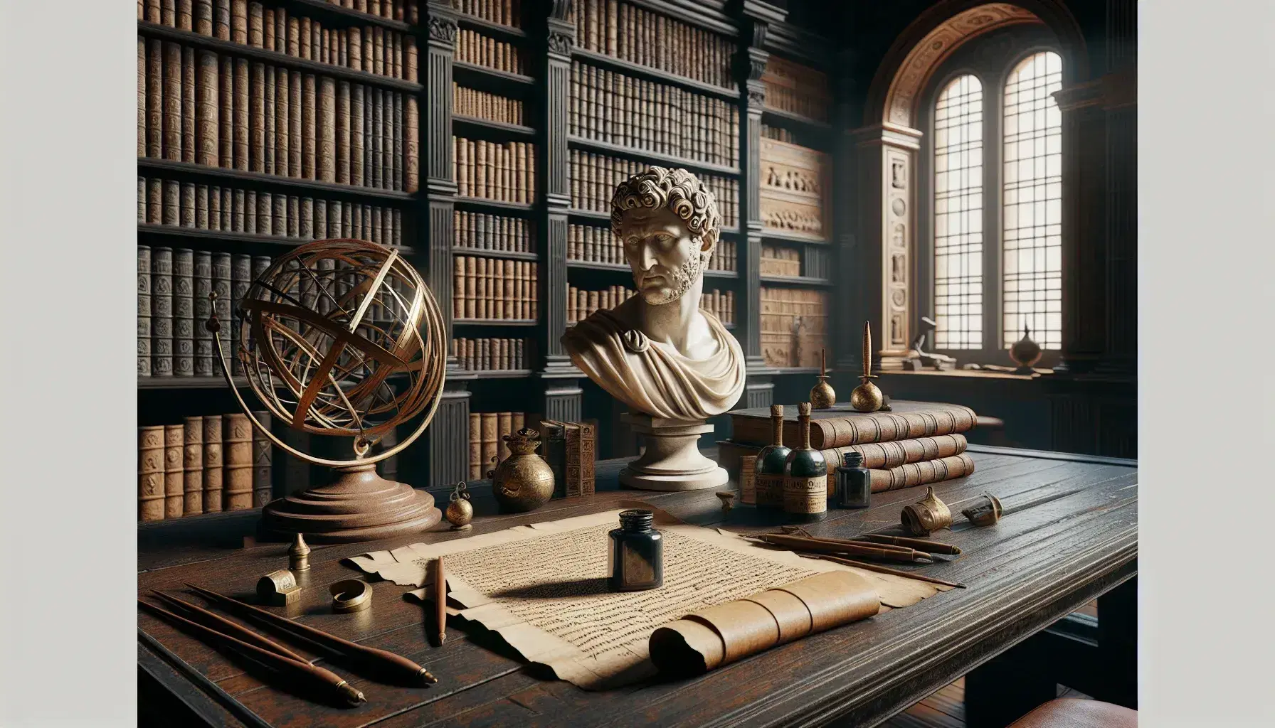 Biblioteca antica con scaffali in legno, libri antichi, tavolo con sfera armillare, calami, inchiostro e busto marmoreo di filosofo.