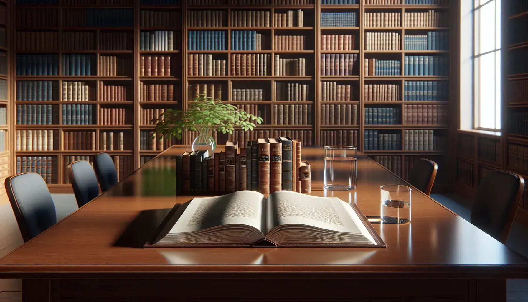 Organized library with a glossy wooden table featuring an open book and a beaker of liquid, surrounded by colorful bookshelves and a vibrant potted plant.