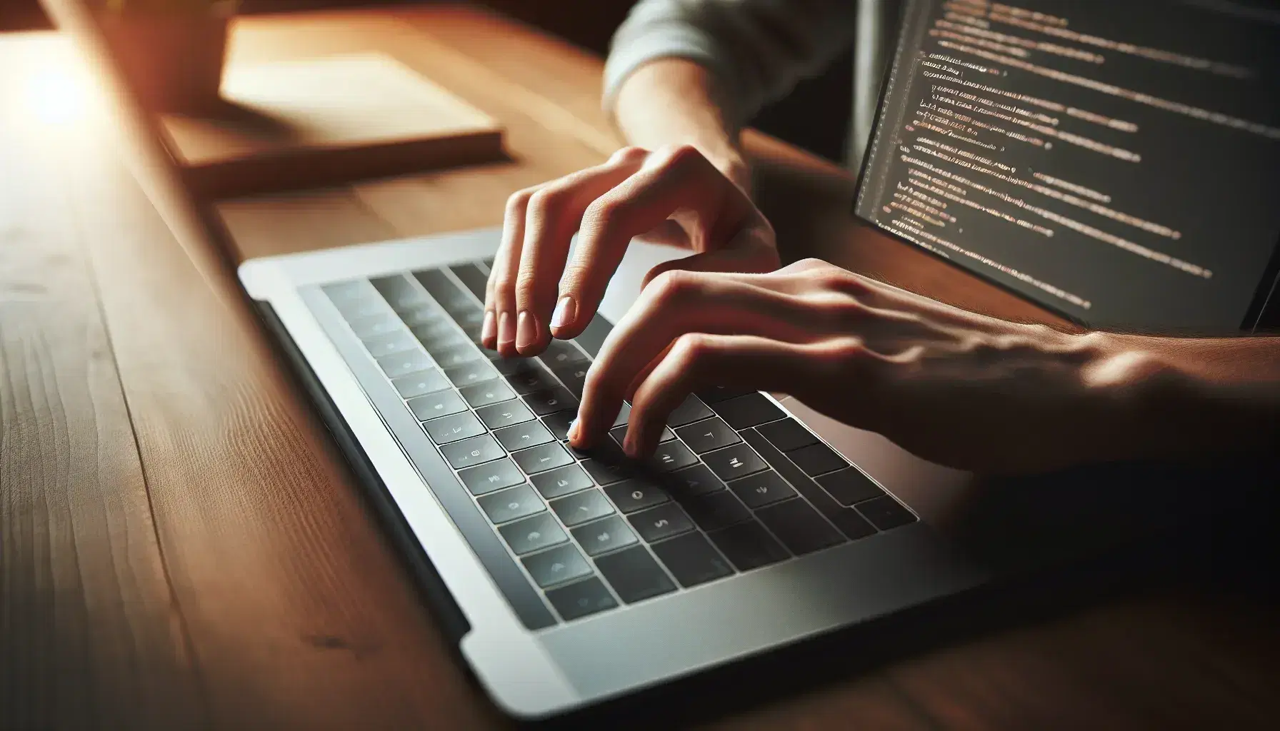 Hands typing on modern laptop keyboard on wooden desk, with blurred green plant in background, concentration atmosphere.