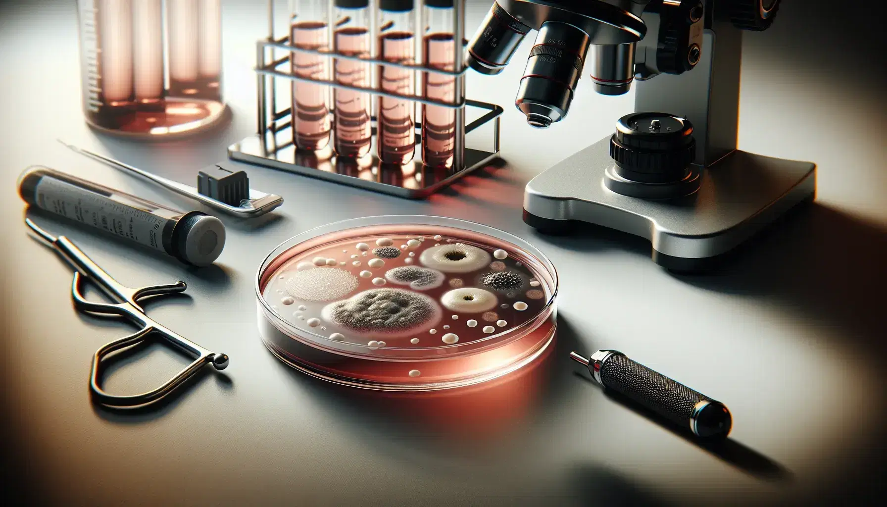 Primer plano de un laboratorio clínico con una placa de Petri y medio de cultivo rosa con colonias bacterianas, una asa de inoculación y un microscopio desenfocado al fondo.