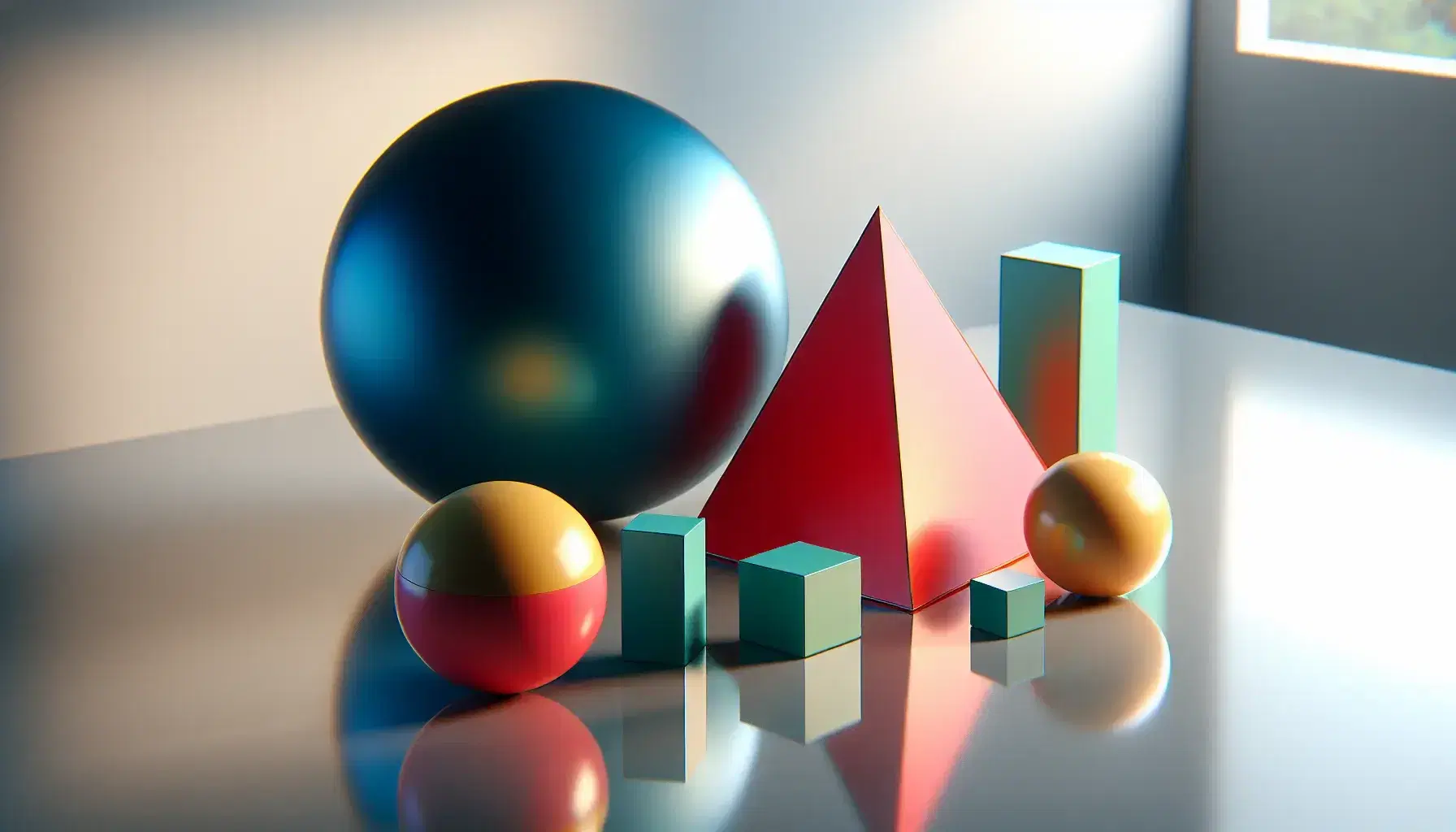 Collection of colorful geometric solids on reflective surface, featuring a blue sphere, red cone, yellow cylinder, green cube, and orange tetrahedron.
