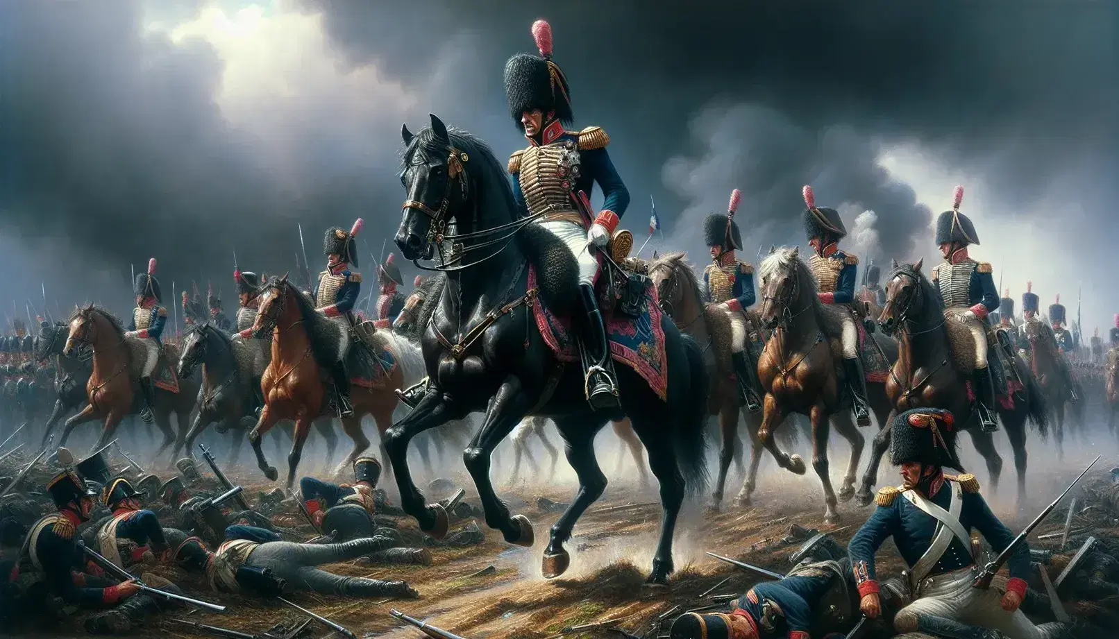 Ufficiale militare a cavallo in primo piano con uniforme blu e rossa durante la Battaglia di Waterloo, soldati e fumo sullo sfondo.