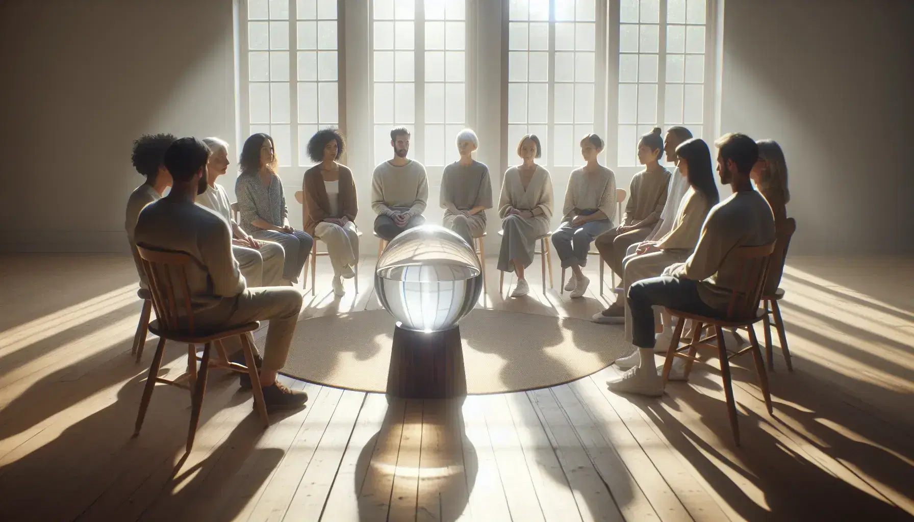 Grupo diverso de personas sentadas en círculo alrededor de una esfera de vidrio en una sala iluminada naturalmente, reflejando atención y tranquilidad.