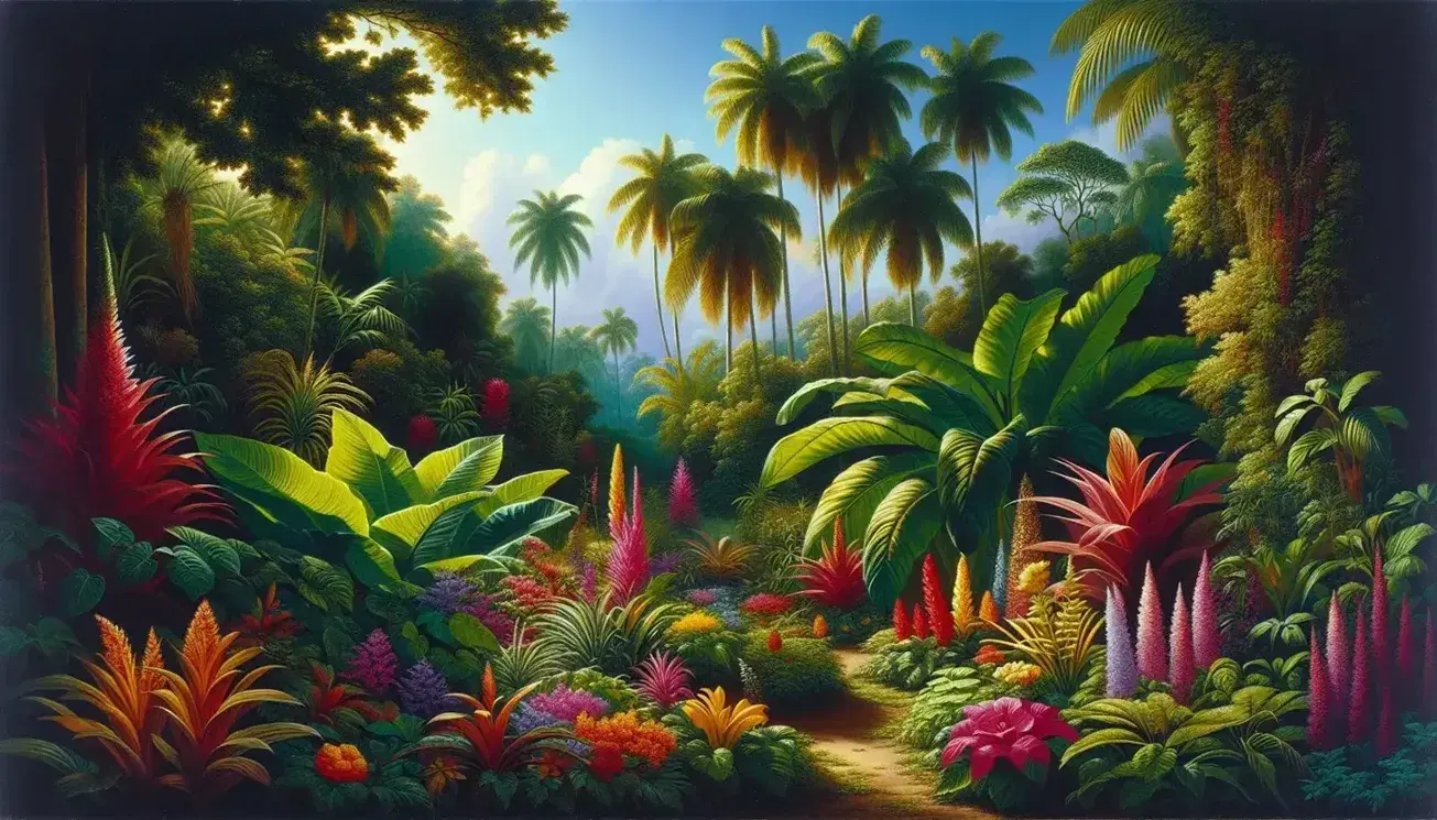 Lush Caribbean garden with broad-leafed plants, vibrant tropical flowers in red, yellow, purple, pink hues, and towering palm trees against a clear blue sky.