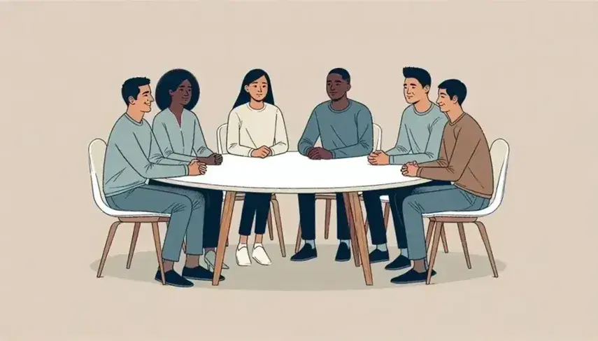 Diverse group in discussion around a table, with expressions of engagement, concern, understanding, and attentiveness, reflecting a collaborative atmosphere.