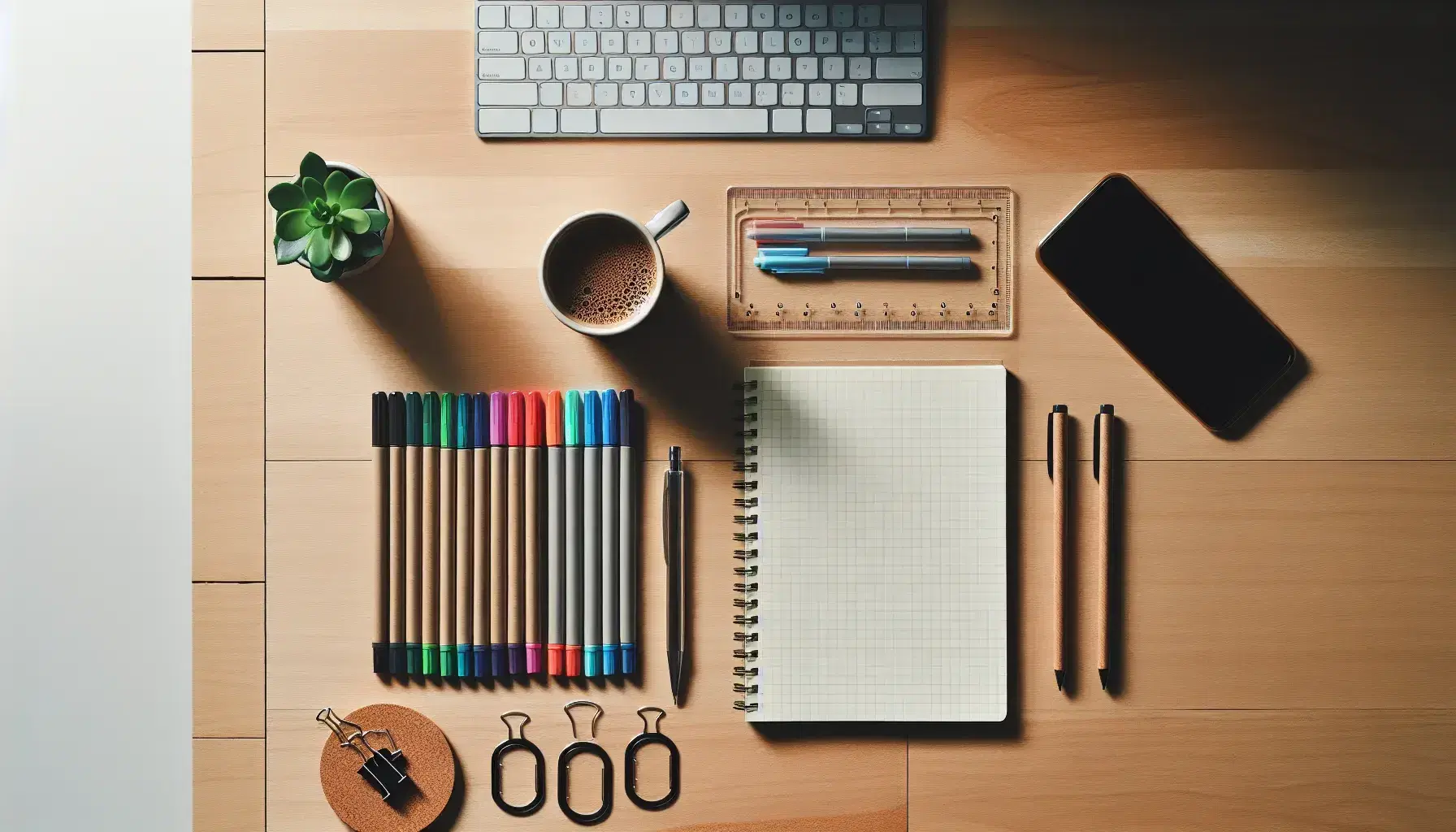 Escritorio de oficina con bloc de notas, marcadores de colores, regla, lápices cruzados, planta, taza de café y smartphone con gafas.