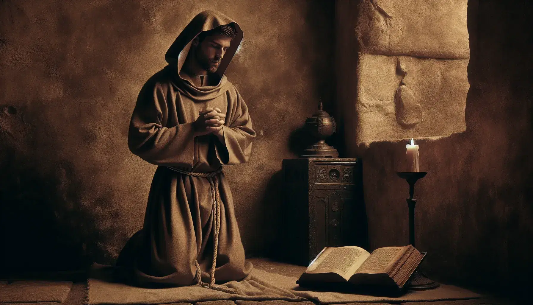 Figura masculina en hábito marrón rezando de rodillas en antiguo monasterio con libro y vela encendida, evocando solemnidad e introspección.