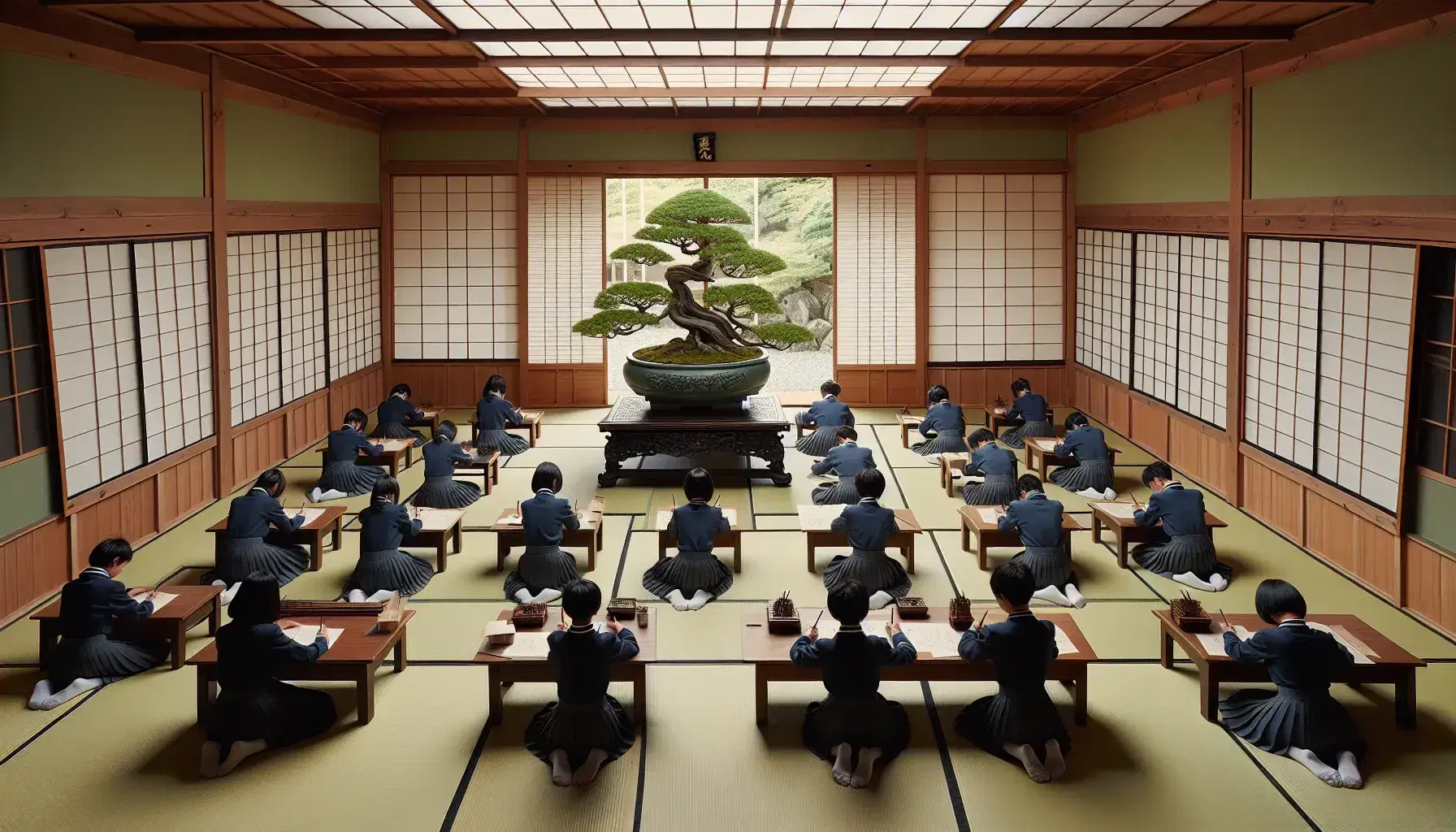Aula japonesa tradicional con estudiantes en uniforme escolar trabajando en mesas bajas sobre tatami, bonsái al frente y jardín con koi visible a través de la ventana.