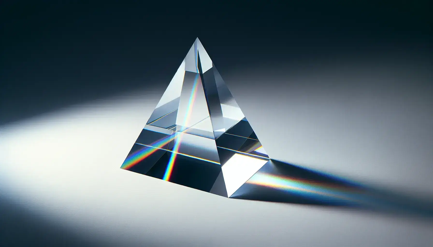 Clear glass prism on white surface refracting a beam of light into a spectrum of colors from red to violet, demonstrating light dispersion.