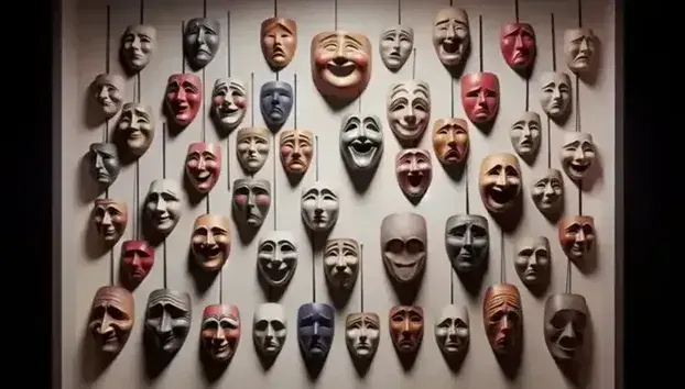 Maschere teatrali con diverse espressioni appese a parete neutra, dai colori vivaci ai toni sobri, con elastici neri pendenti.