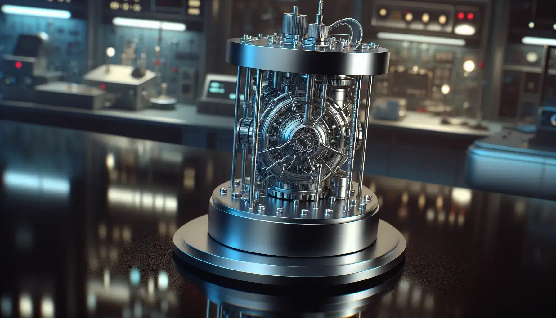 Modern atomic clock with cylindrical core and metallic components on a reflective black surface, set against a blurred laboratory backdrop.