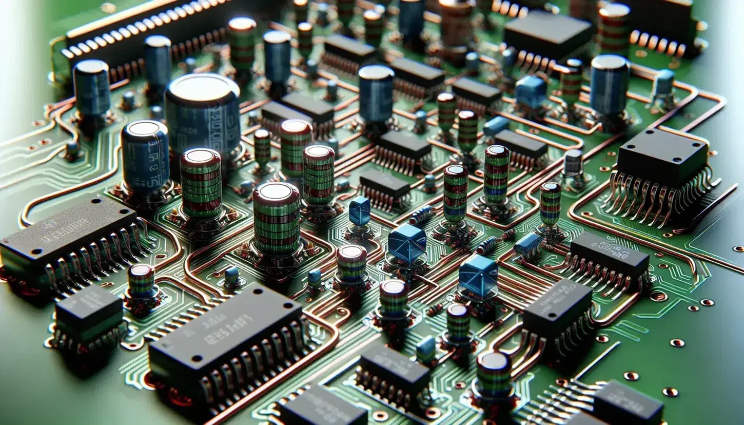 Close-up of a complex electronic board with components such as colored resistors, capacitors and integrated circuits on a green background.