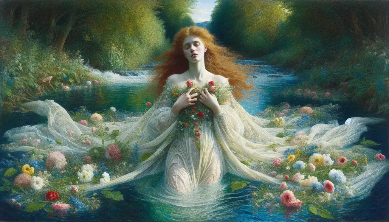 Ophelia from Shakespeare's 'Hamlet' depicted in a Pre-Raphaelite oil painting, serene in a white gown amidst a lush, flower-speckled river setting.