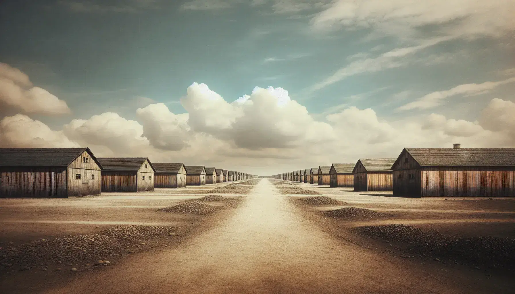 Desolate landscape with uniform wooden barracks under a cloud-streaked sky, highlighting a sense of isolation with a central dirt path.