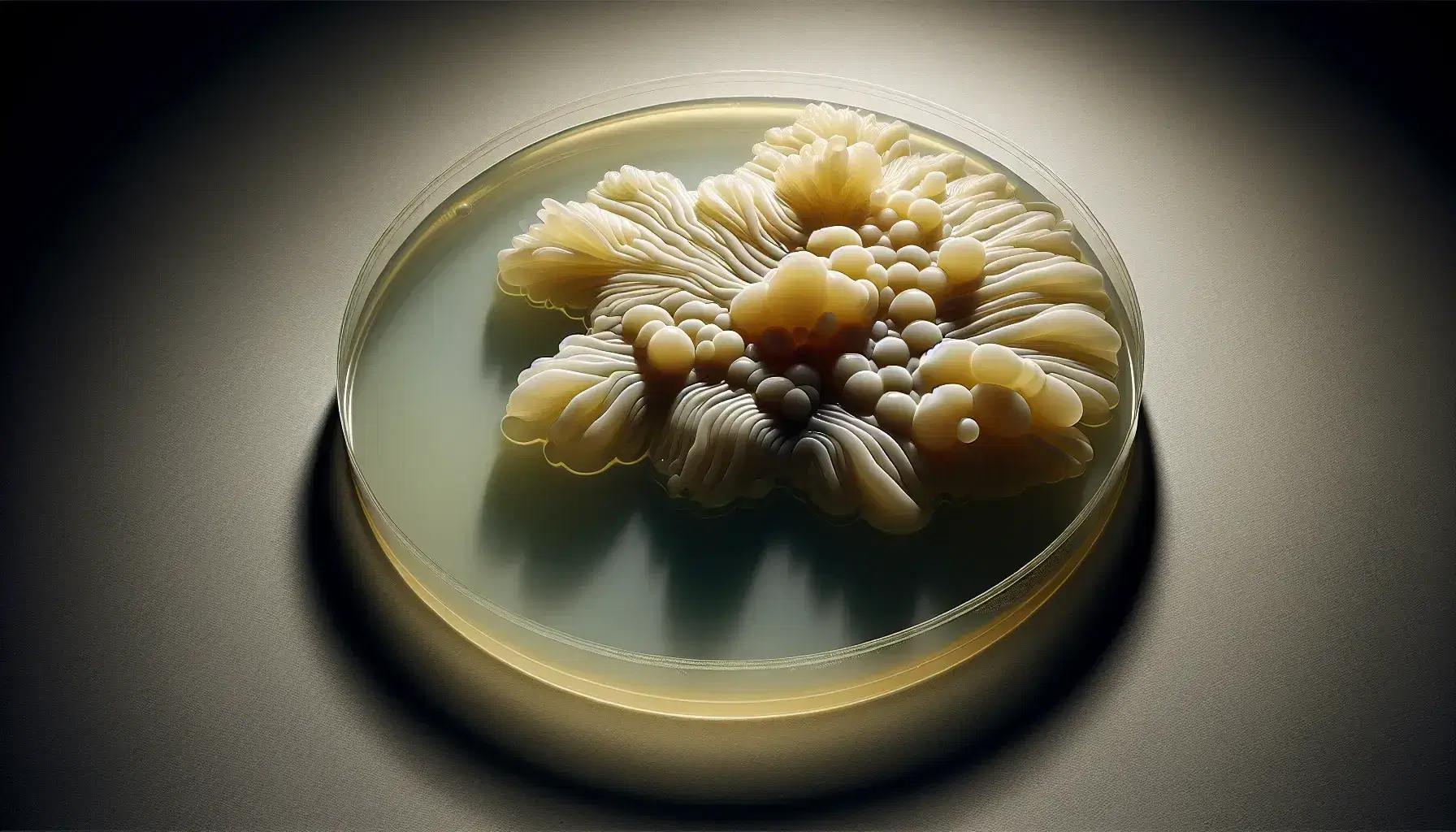 Close-up view of an irregular-shaped bacterial colony with undulating edges on a pale yellow agar plate, against a blurred background.