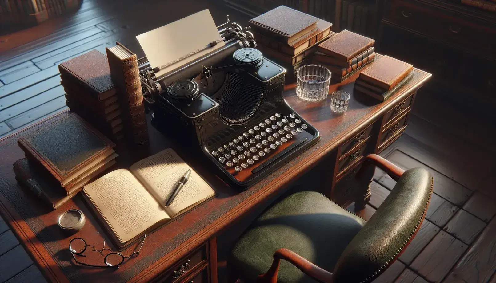 Scrivania antica in legno scuro con macchina da scrivere vintage, calamaio in vetro, penna, libri rilegati e occhiali rotondi.