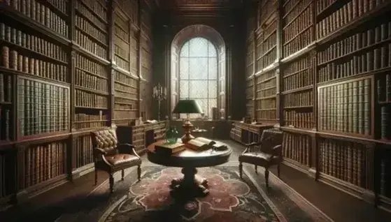 Biblioteca antica con scaffali in legno scuro pieni di libri, tavolo ovale con volumi e occhiali, lampada in ottone e tappeto persiano.