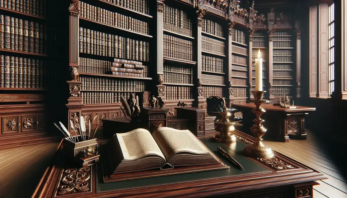 Neoclassical library with mahogany desk, open book, quill, brass candlestick, shelves of leather-bound books, marble statue, and garden view.