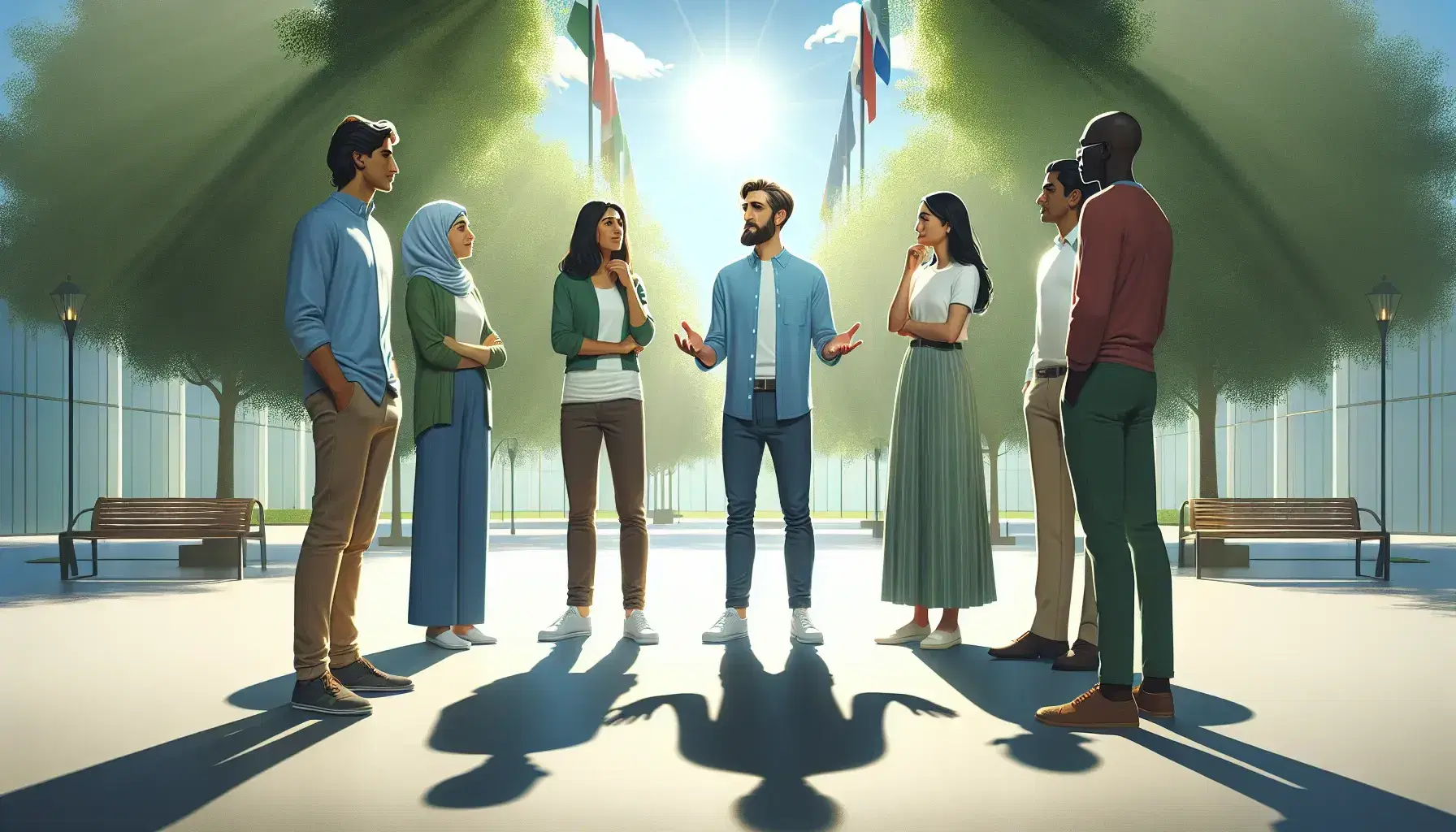 Grupo diverso de cinco personas dialogando en un parque con árboles y cielo despejado, reflejando interacción y atención en un ambiente relajado.