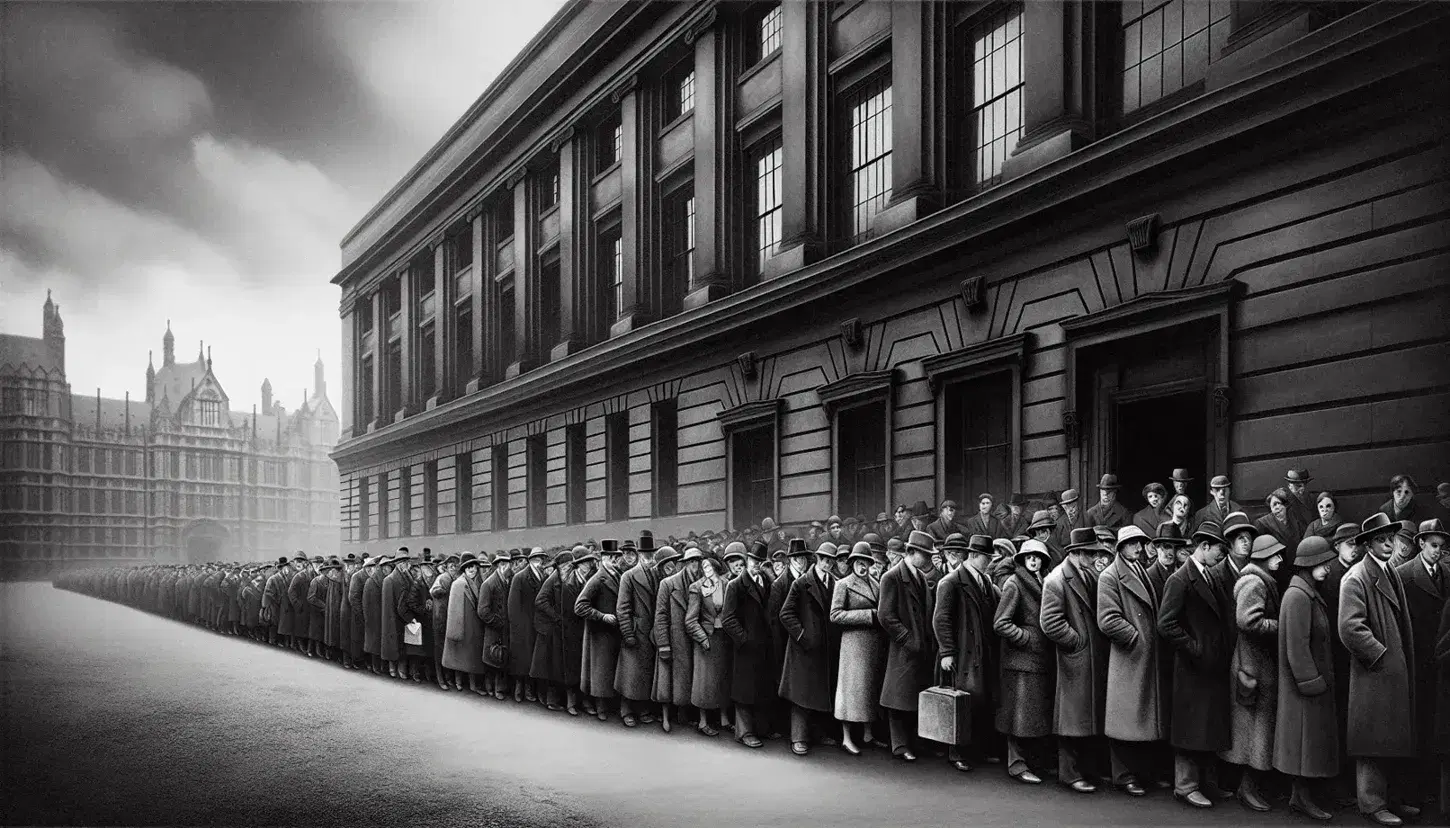 Long line of people in 1930s clothes wait outside a classical building with columns, under an overcast sky, expressing tiredness and worry.